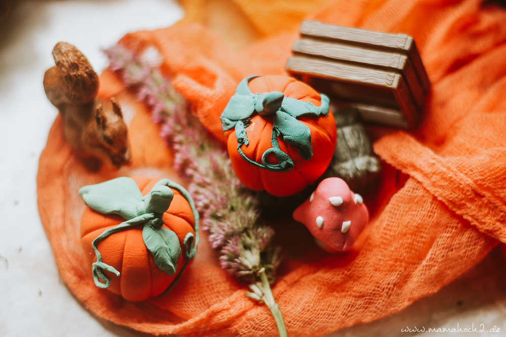 DIY Mini Kürbisse und Pilze für den Jahreszeitentisch aus Modelierknete